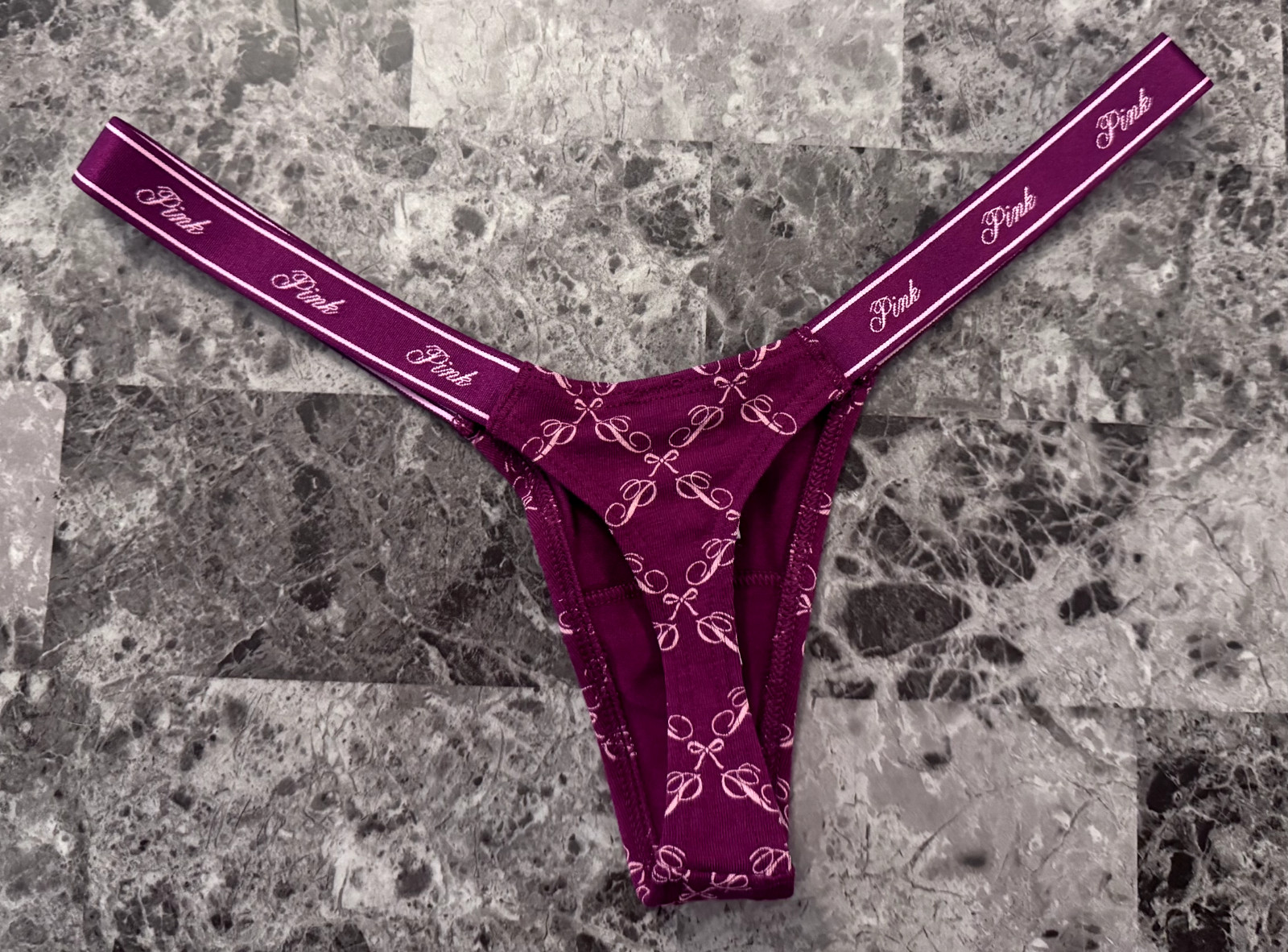 NWT VICTORIA’S SECRET PINK MAROON BOW MICRO TINY LOGO SIDE STRAPS THONG PANTIES