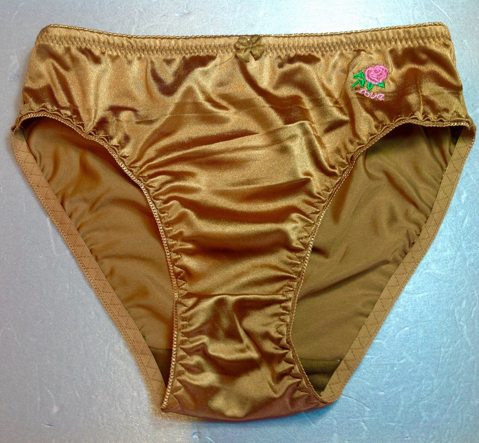Women Panties Bikinis GRACE Size XL.Brown Bronze Satin W/Decoration Elastic