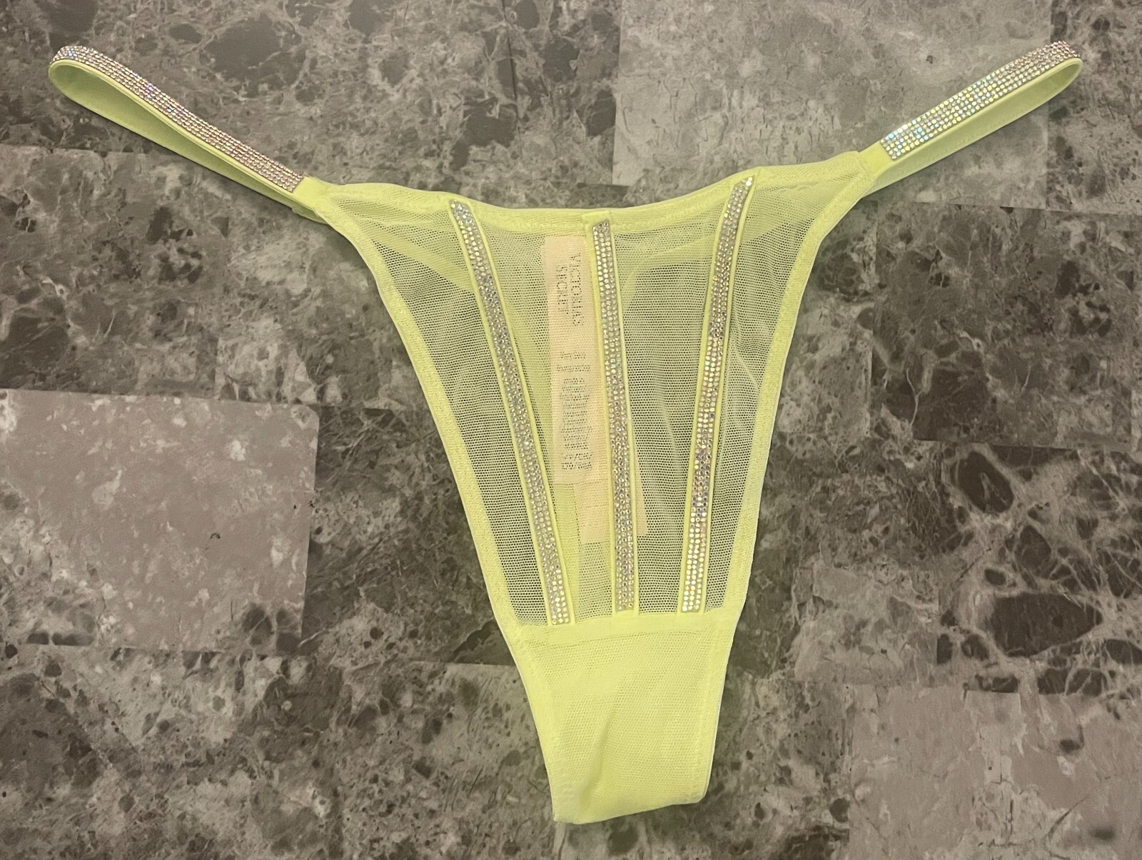 VICTORIA’S SECRET CITRON MESH IRIDESCENT RHINESTONE SHINE STRAP THONG PANTIES
