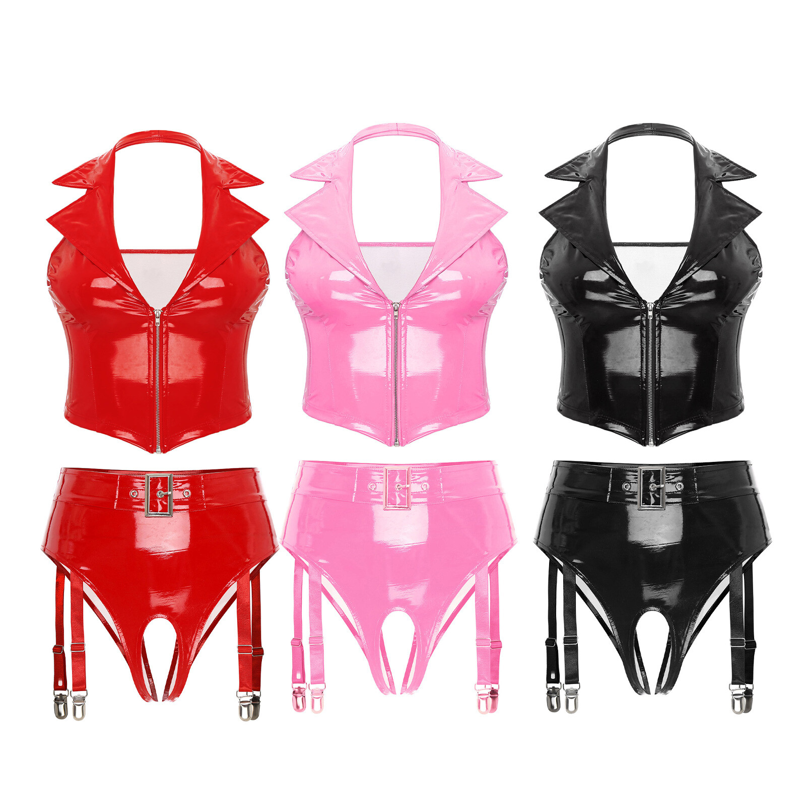 US Women’s Lingerie Sets Wetlook Leather Zipper Bra with Garter Clips Underwear