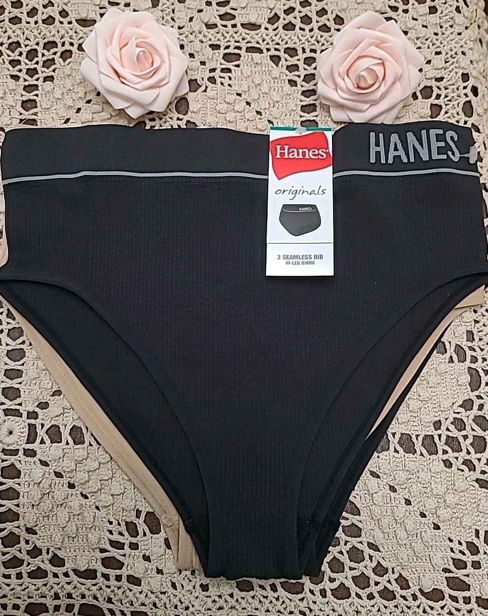3 Pair HANES LOGO Seamless Rib Hi-Leg Bikini Panties Small NWT