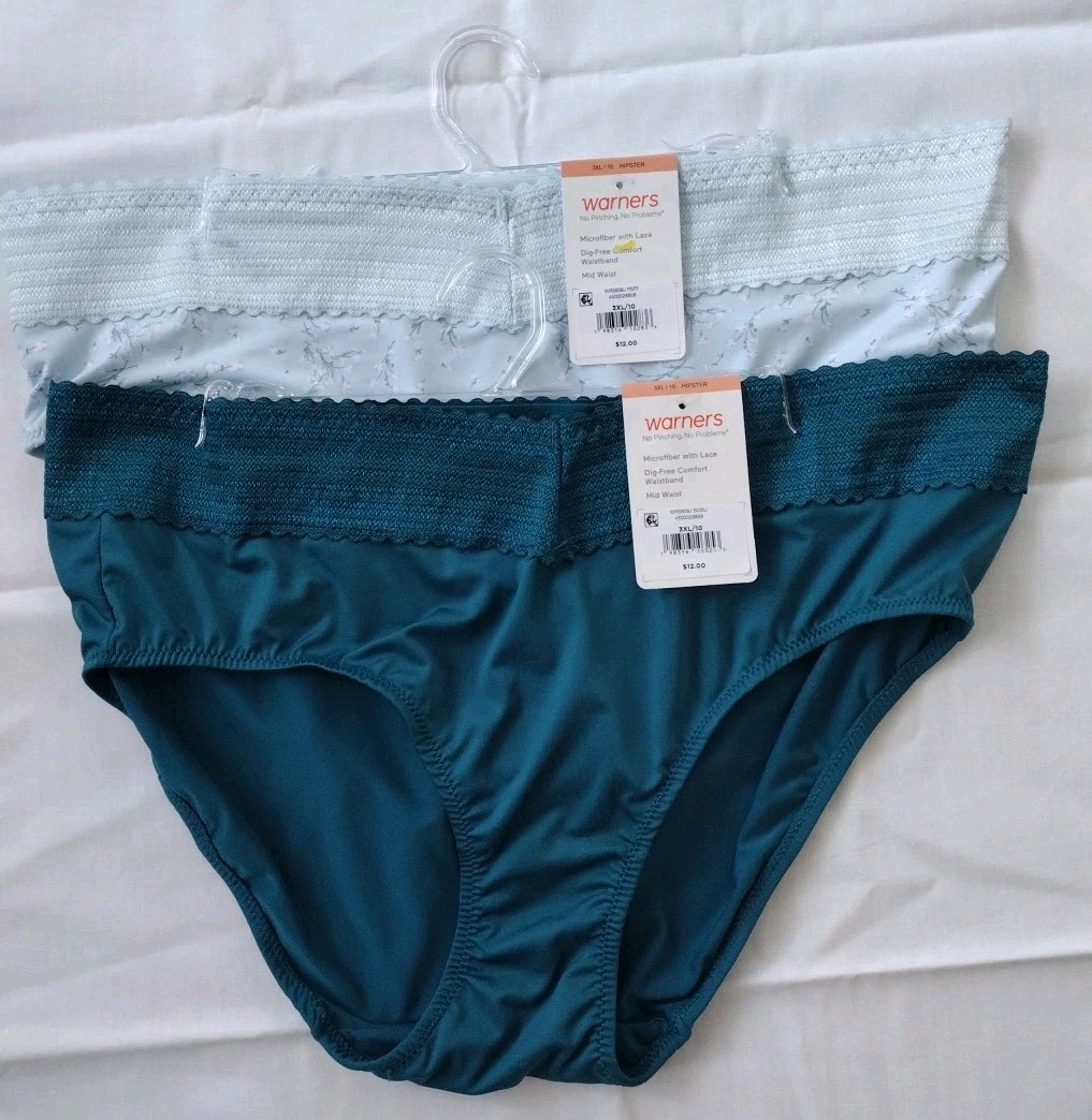 NWT 2 Warners Lace Hipster Panties No Pinching/Problems 5609J Asst Prints 10/3XL