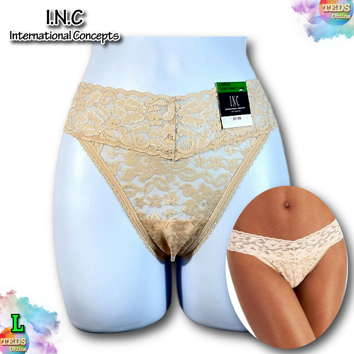 NWT INC International Concepts Women’s L Lace Thong Underwear, Almond