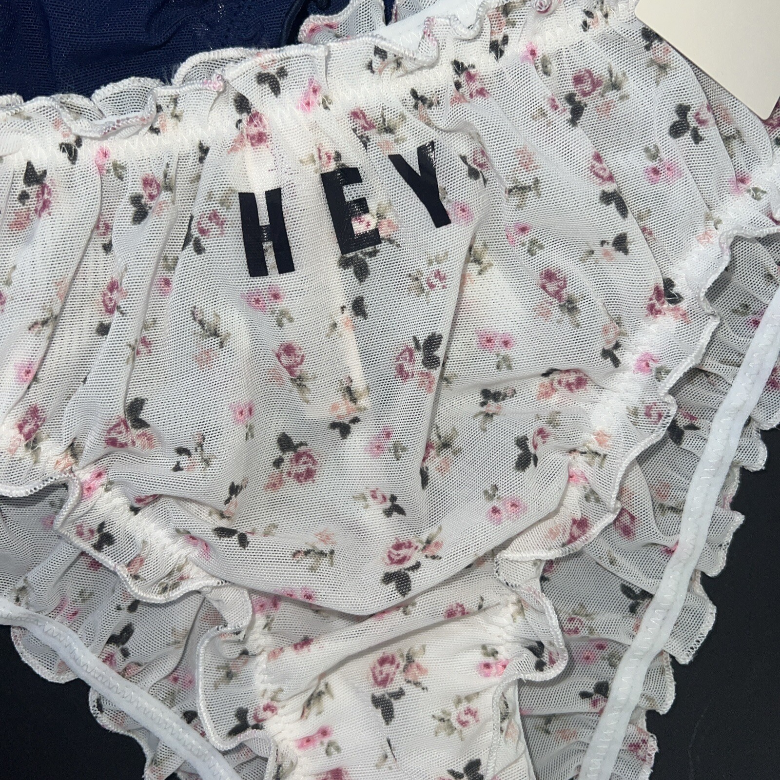 Victoria’s Secret PINK M ruffle PANTY LOT navy BLUE WHITE RED HEY HAPPY BLUSH