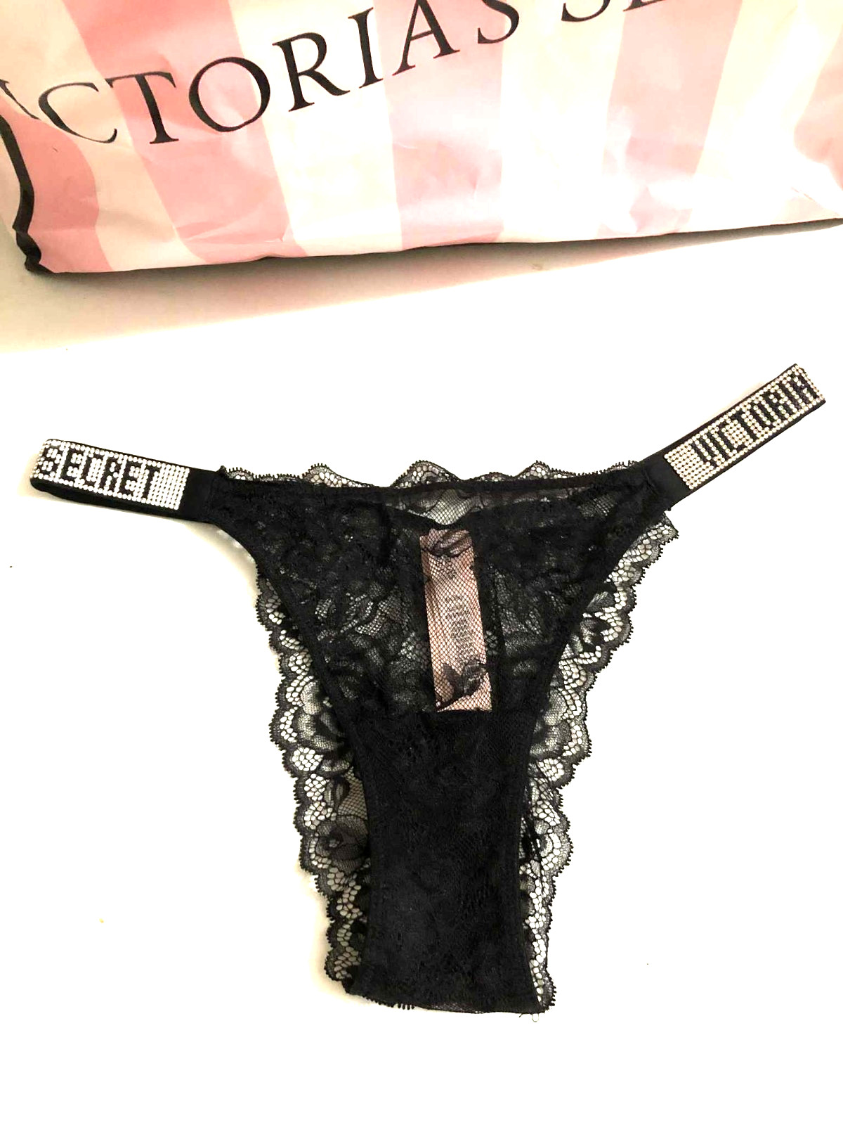 Victoria’s Secret Bombshell Shine Strap Logo Brazilian Lace Panty Black NWT