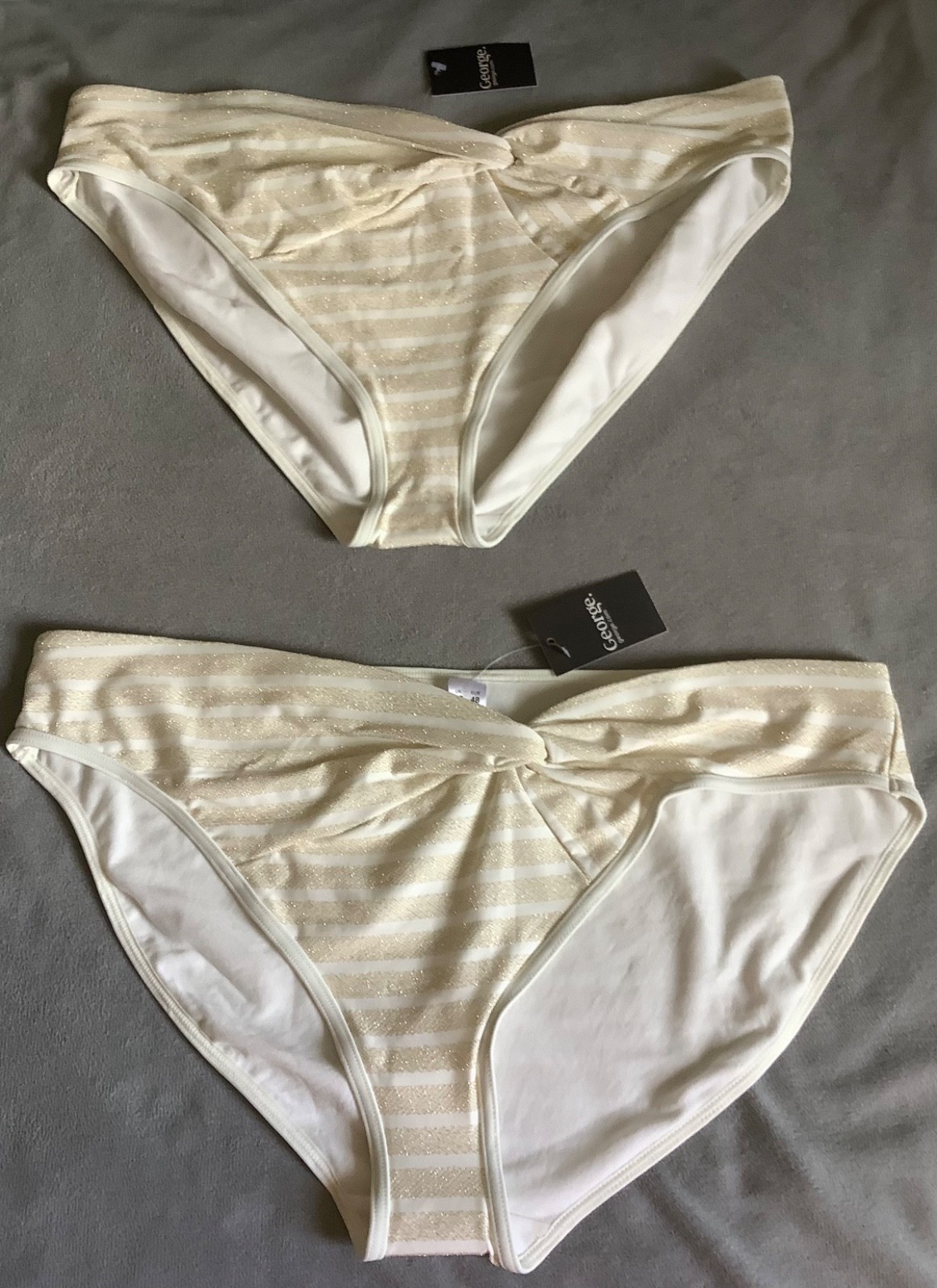 GEORGE -x2 Prs Cream & Gold Glitter Striped Bikini Bottoms SIZE 20 – BNWT’S