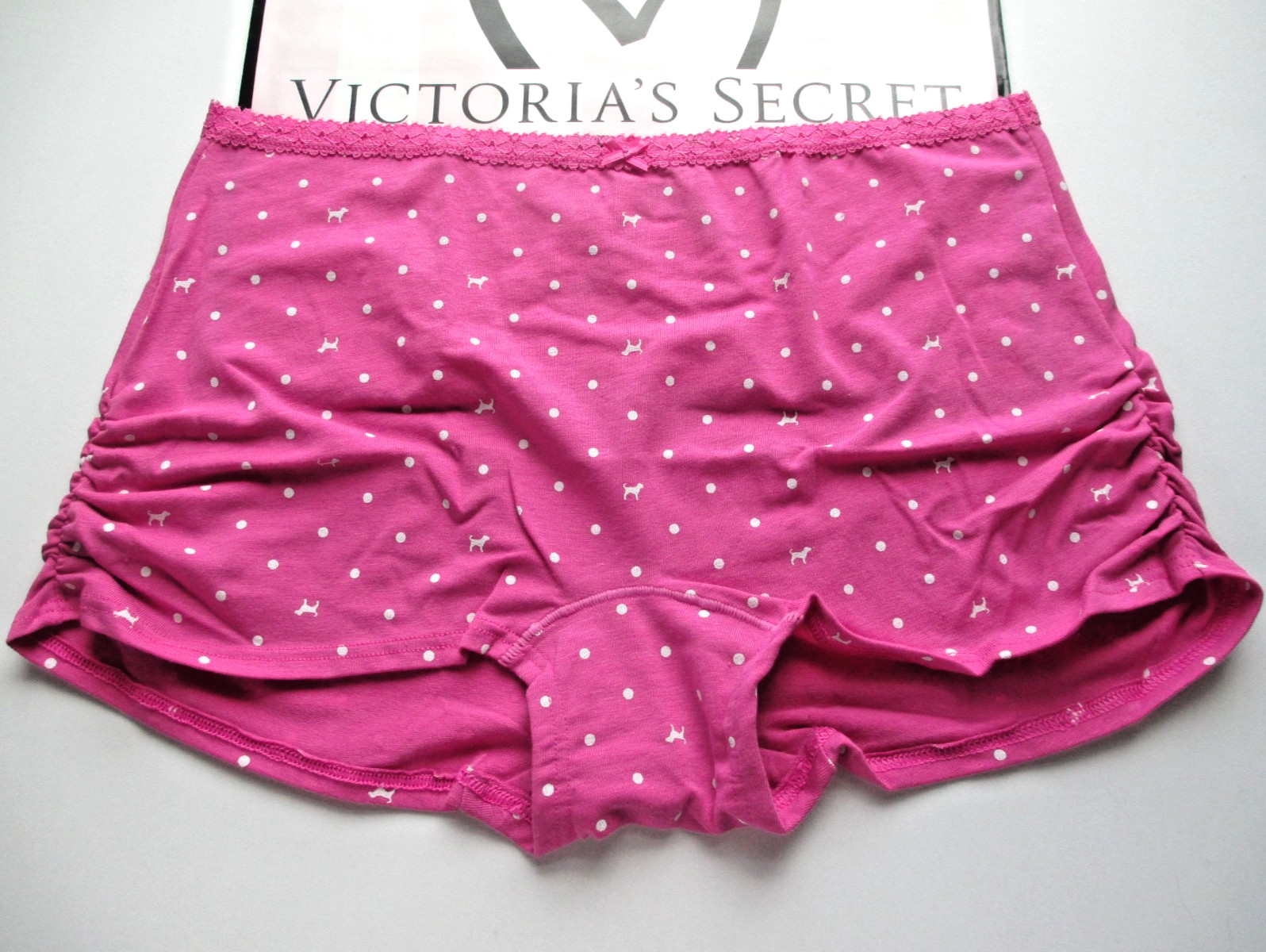 VICTORIA’S SECRET PINK Cotton Boyshort Panty S Pink NWT Polka Dot VS Ruched Side