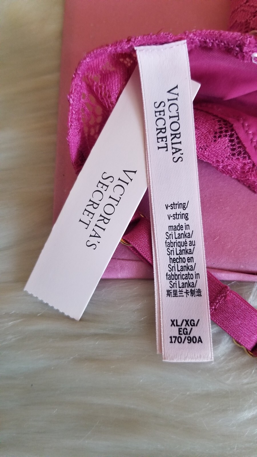 VICTORIA’S SECRET LACE TRIM ADJUSTABLE V-STRING THONG PANTY XL ROSE PINK NWT
