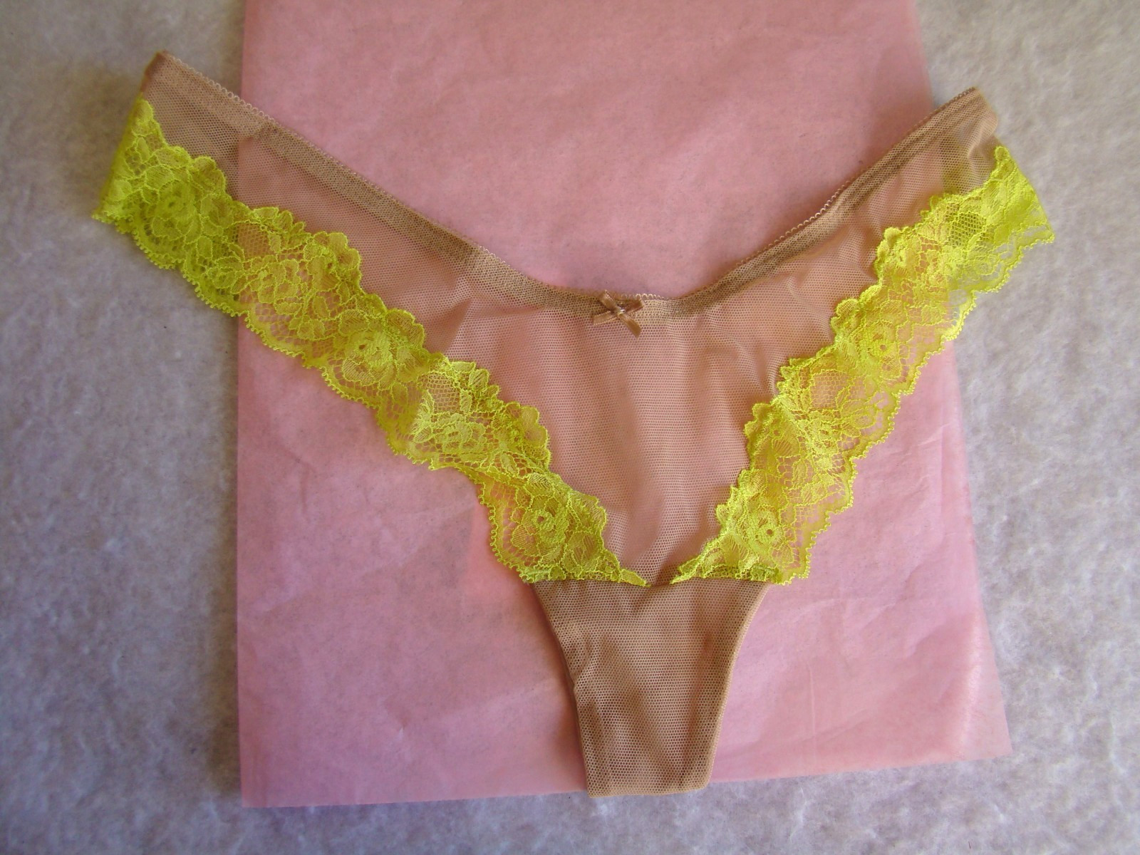 New Victoria’s Secret Tan Mesh Neon Green Floral Lace High Leg Thong Panty