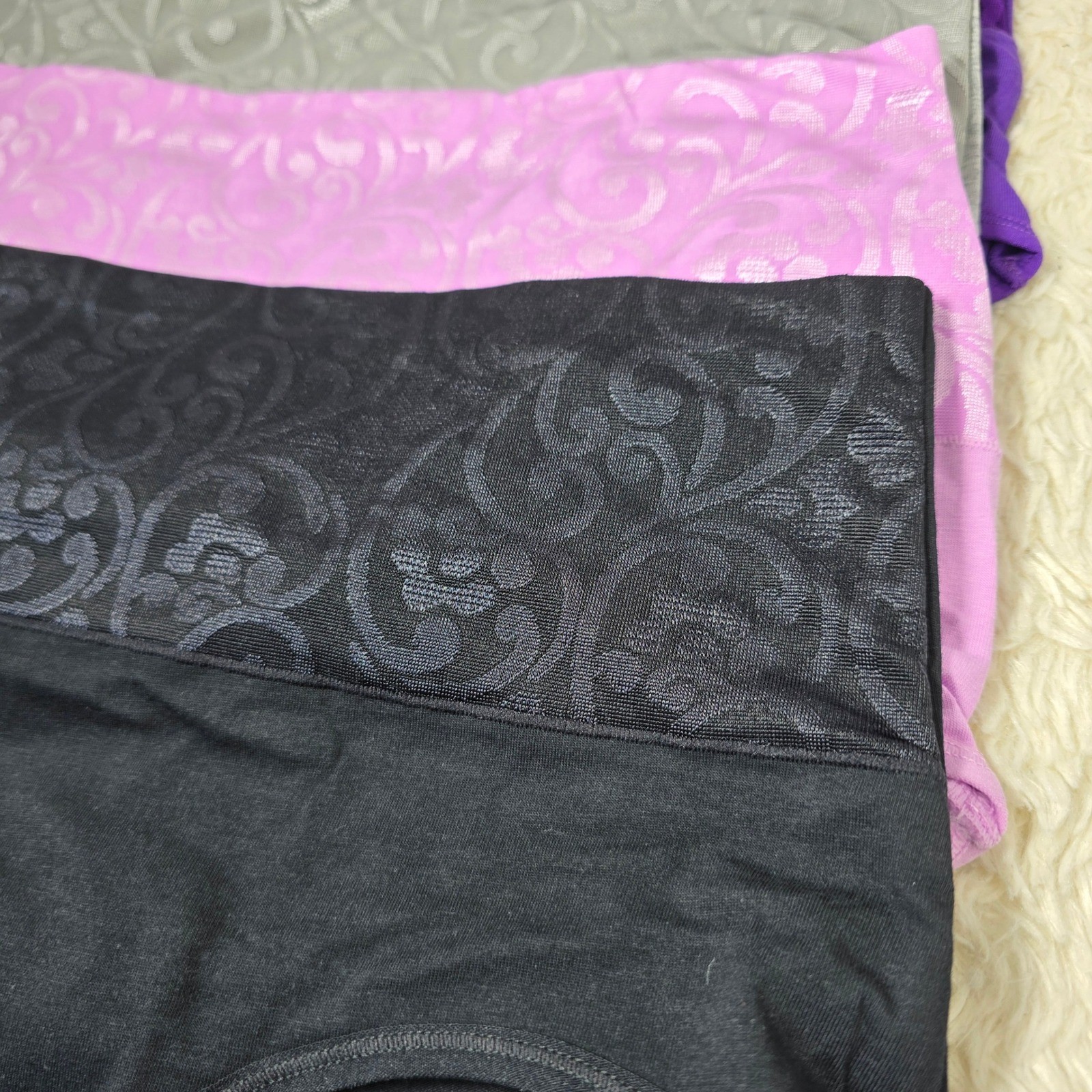 High Waisted Briefs 4 Pack Women Large Black Gray Purple Damask Waistband Soft