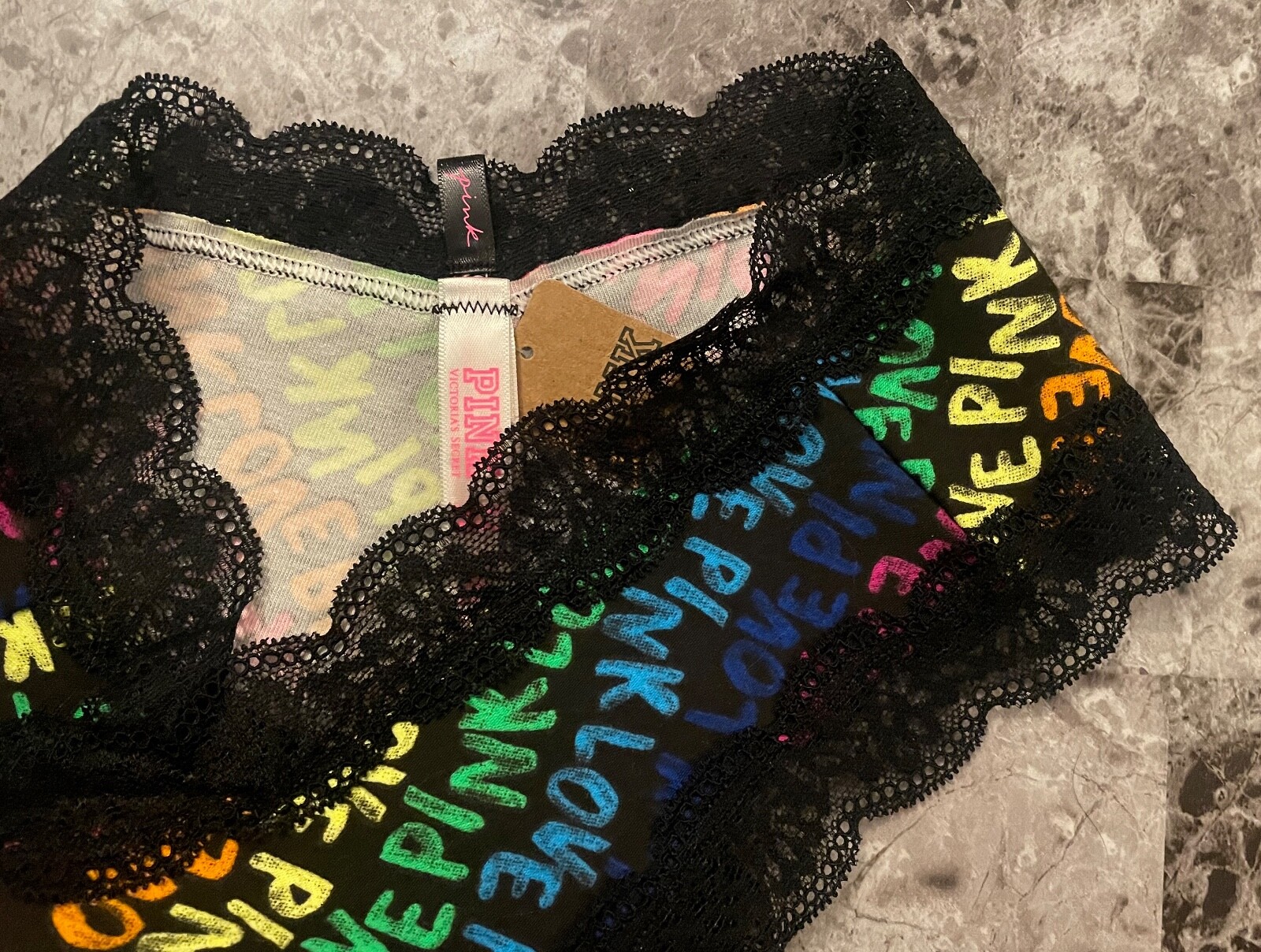NWT VICTORIA’S SECRET PINK NEON YELLOW GREEN BLUE RAINBOW LOGO CHEEKSTER PANTIES