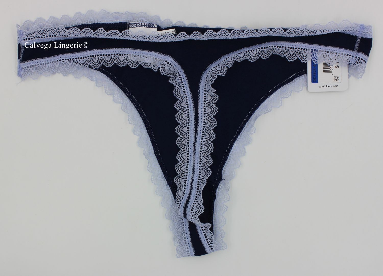 NWT Calvin Klein QD3824 “Flirty” Lace-Trim Cotton Thong, Dark / Light Blue, XL