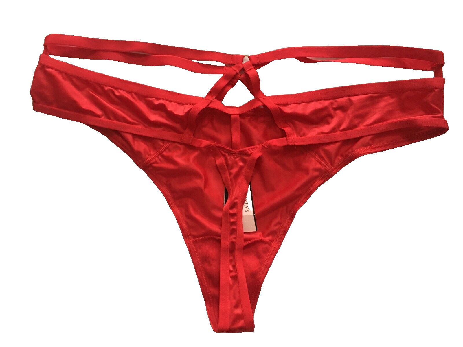 Victorias Secret Sexy Red Silky Strappy Cut-Outs Thong Panties M Metal Accents