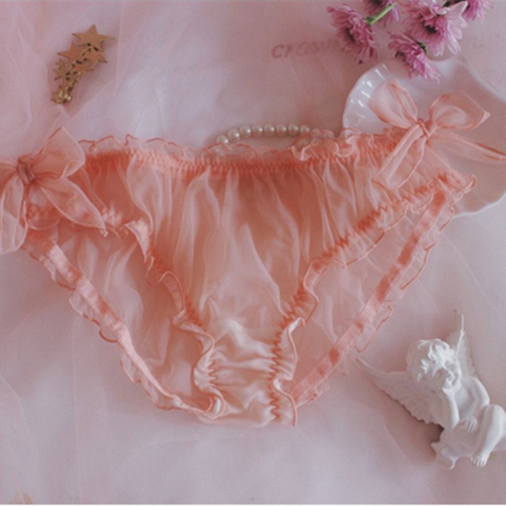 Lace and Bow Design Women’s Bikini Briefs Soft Chiffon Underwear Style