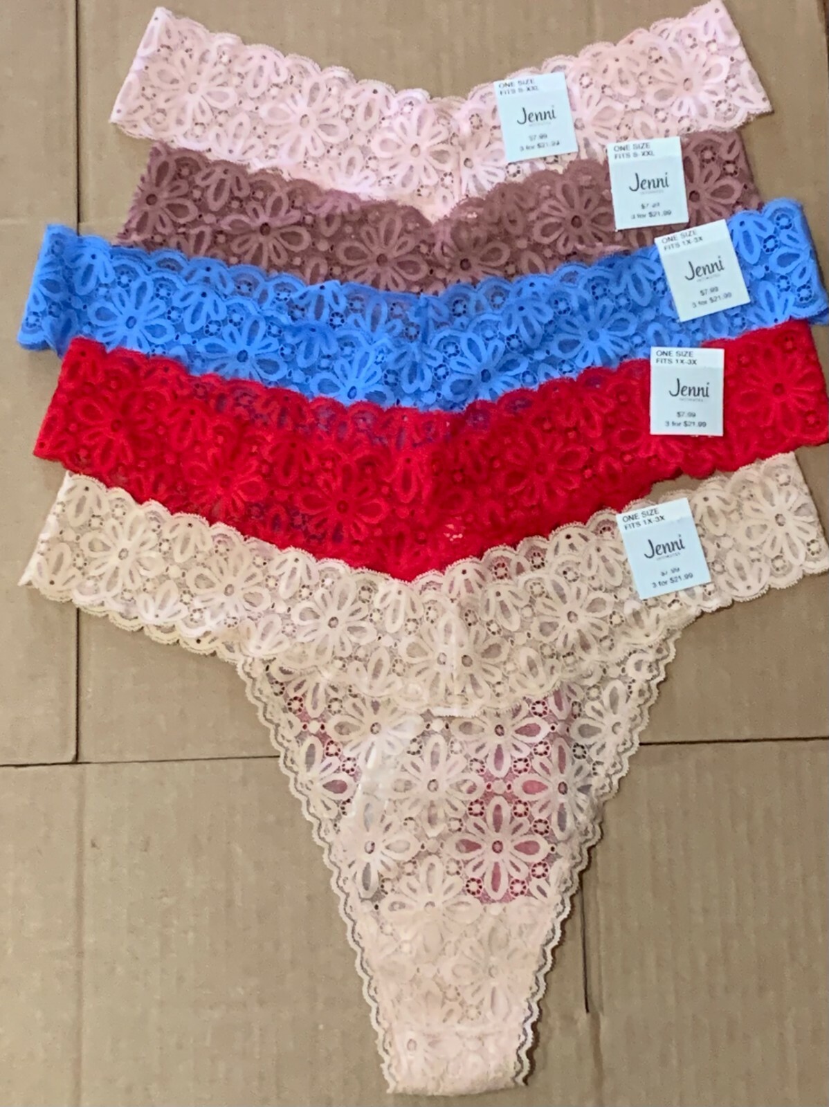 Jenni Womens All Over One Size Lace Thong Underwear OS Fits S-XXL, OS Fits 1X-3X