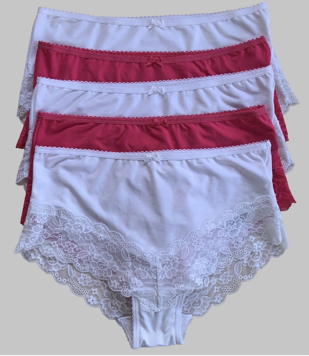 M&S 5 Pack Pink/White Lace Trim Brazilian Midi Brief UK S 8/10
