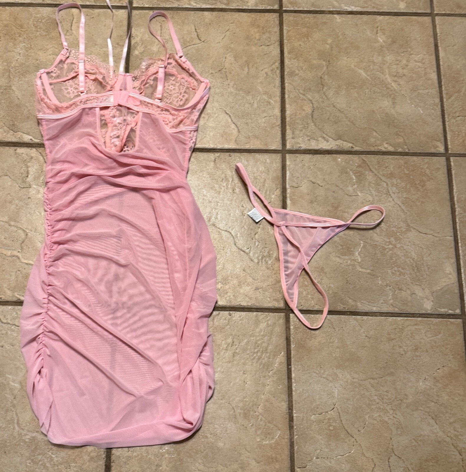 Shein Women’s Large Intimates 2 Piece Set Runched Dress + Thong Pink Sheer