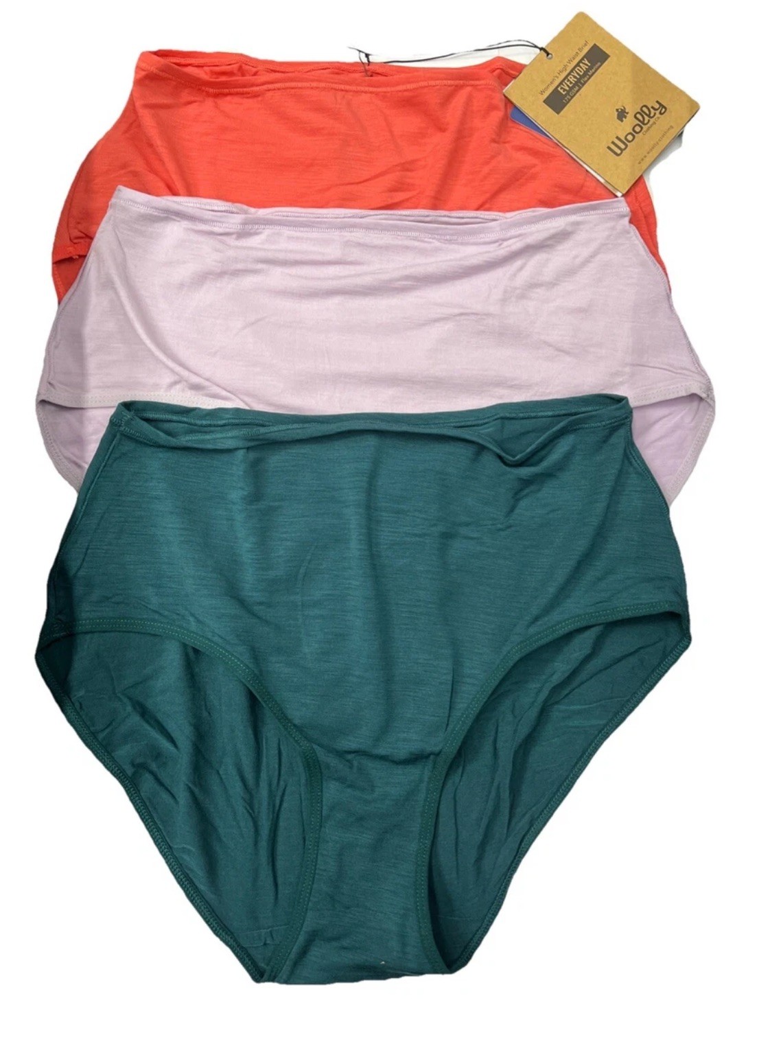 Woolly Women’s High Waisted Brief 3 Pack, 95% Merino, Rose, Lilac, Teal, XS
