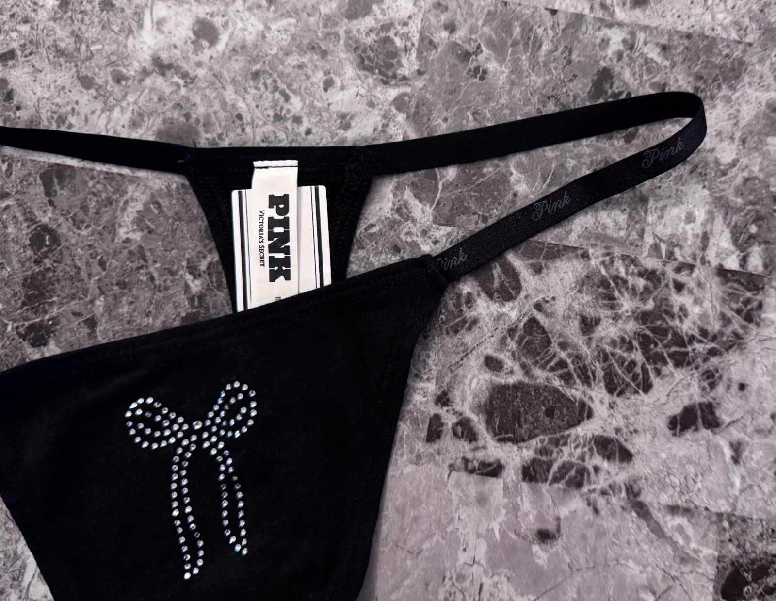 VICTORIA’S SECRET PINK BLACK SILVER BOW LOGO SIDE STRAP HIGH LEG THONG PANTIES