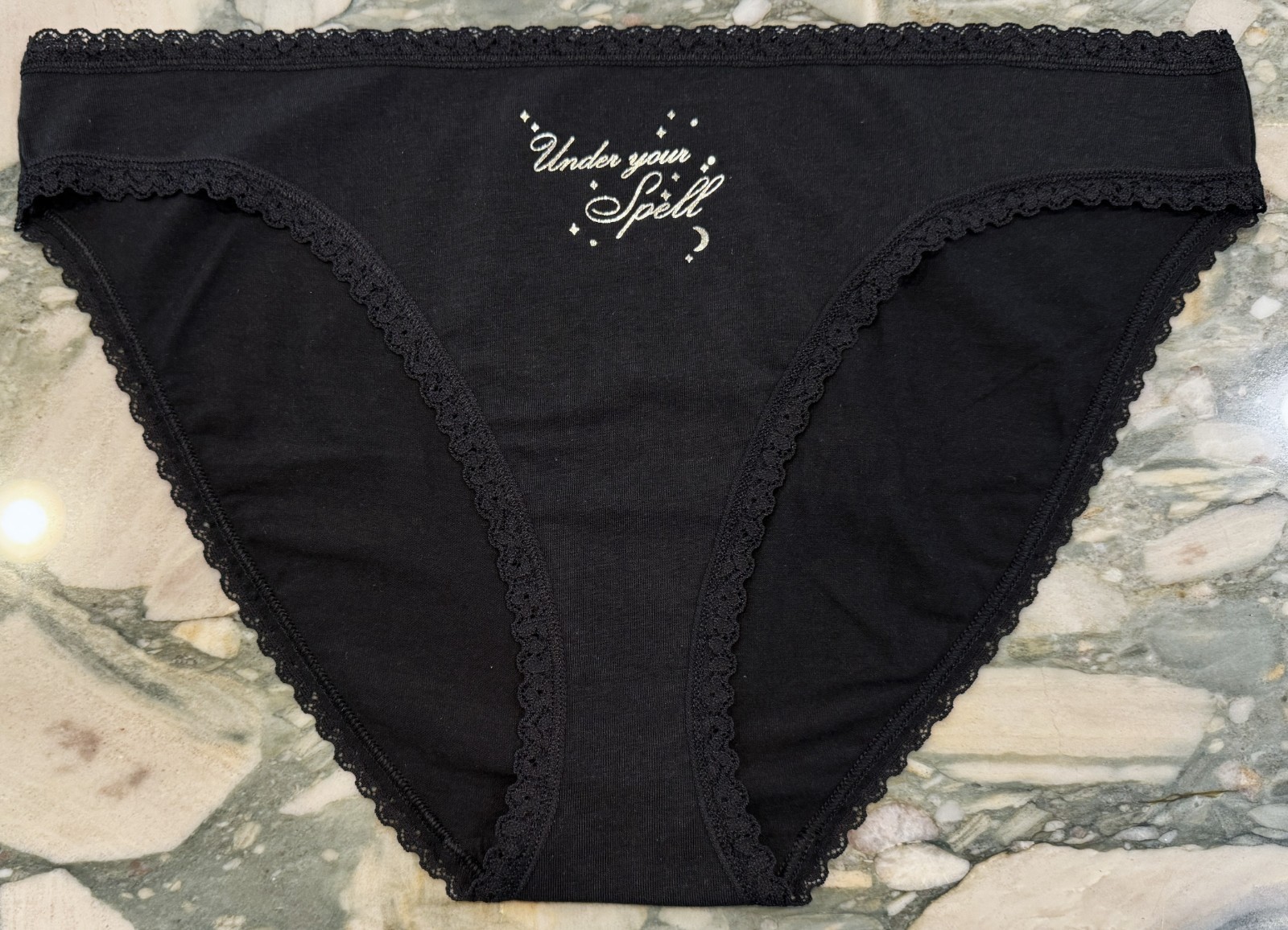NEW Victoria Secret Lace Trim Cotton Bikini Panty Black FOIL Under Your Spell XL