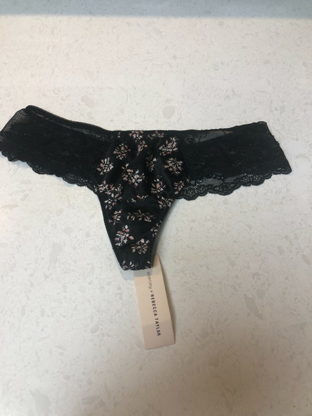 NEW NWT Eberjey REBECCA TAYLOR Lace Thong black floral see through SZ S P