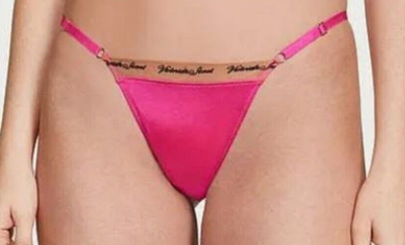 Victorias Secret Logo Embroidery Waist Pink Thong Panty Size L Silky Adjustable