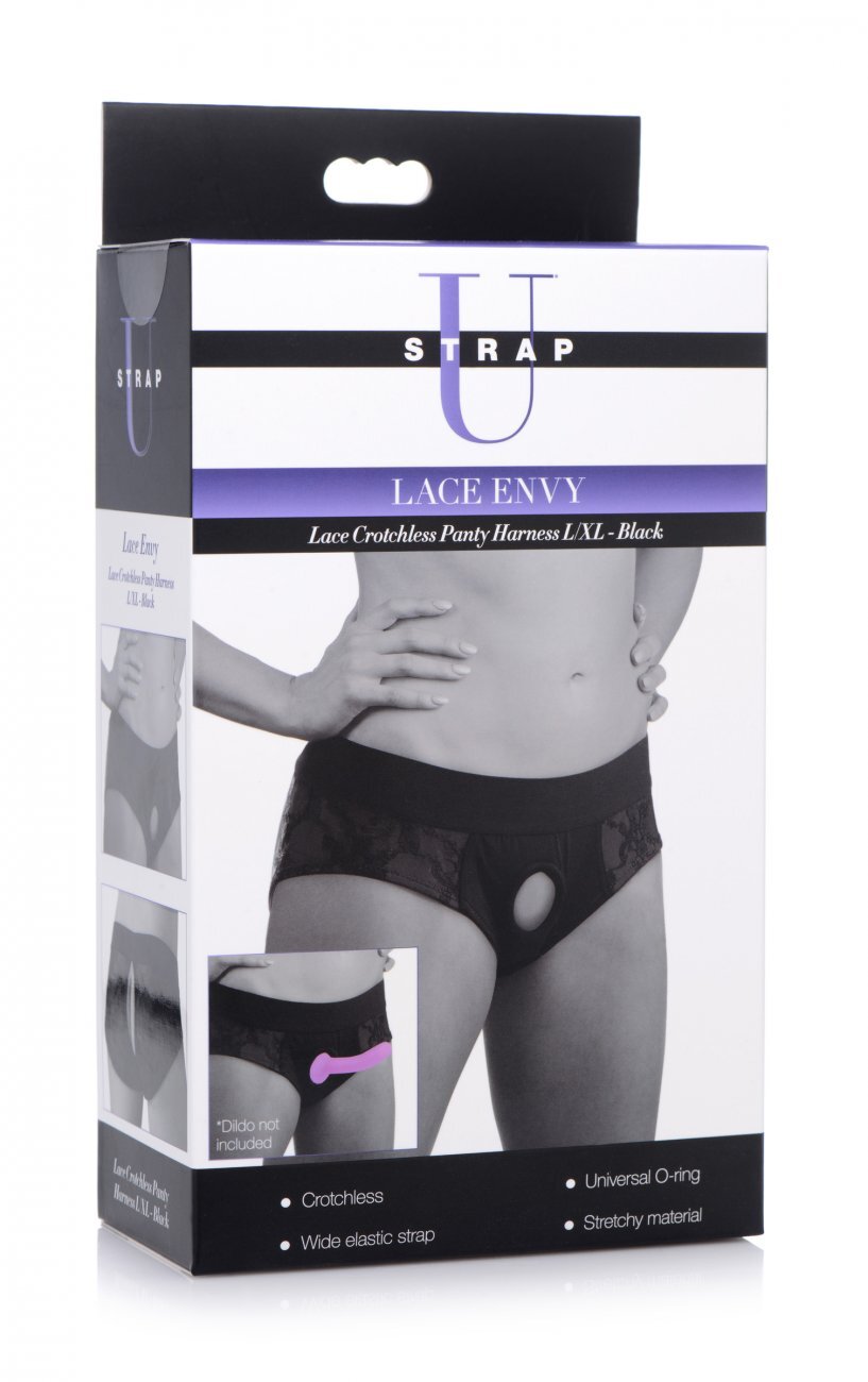 Strap U Lace Envy Black Crotchless Brief Panty Harness S-XL with O-Ring