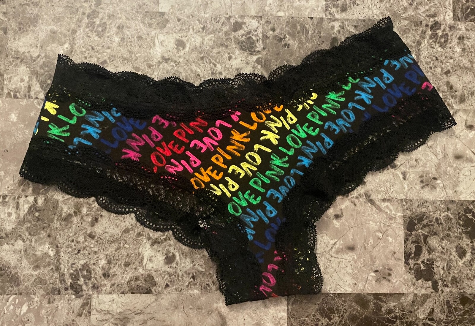 NWT VICTORIA’S SECRET PINK NEON YELLOW GREEN BLUE RAINBOW LOGO CHEEKSTER PANTIES