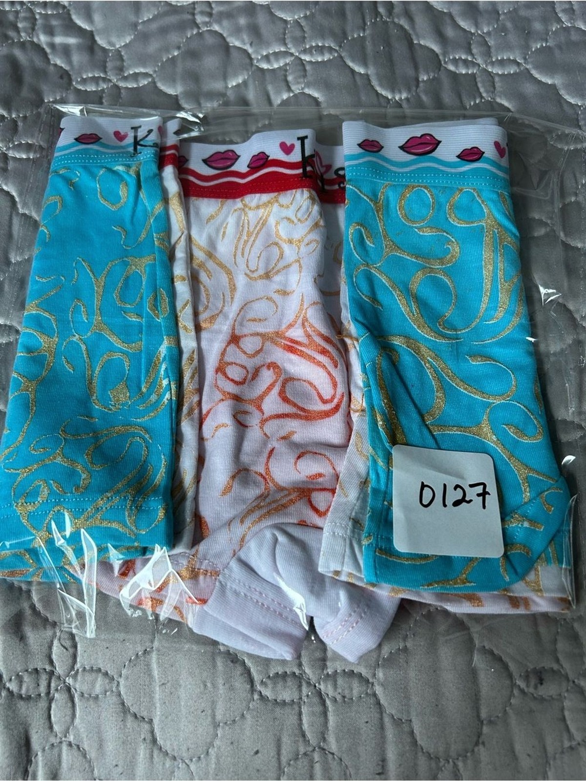 2PK Kiss Boyshorts 1 White with Gold Swirl and 1 Blue with Gold Swirl Size XL