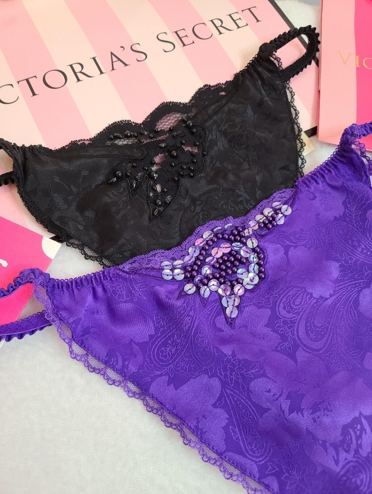 VTG Victoria’s Secret 2pk Jacquard Satin Sequin Beaded V-string Thong Panties
