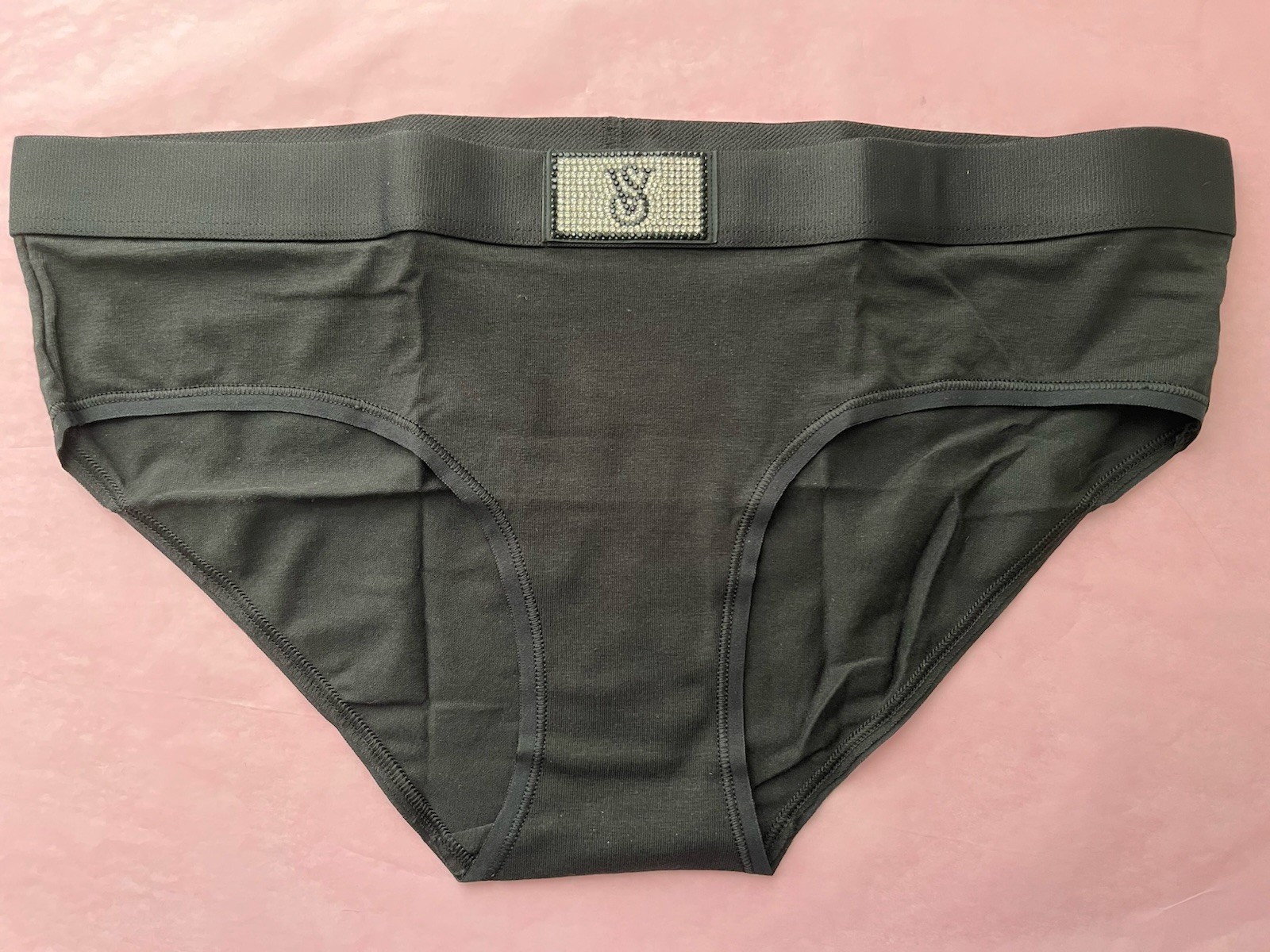 M Victoria Secret Black Logo Shine Patch Rhinestone Hiphugger Panty NEW