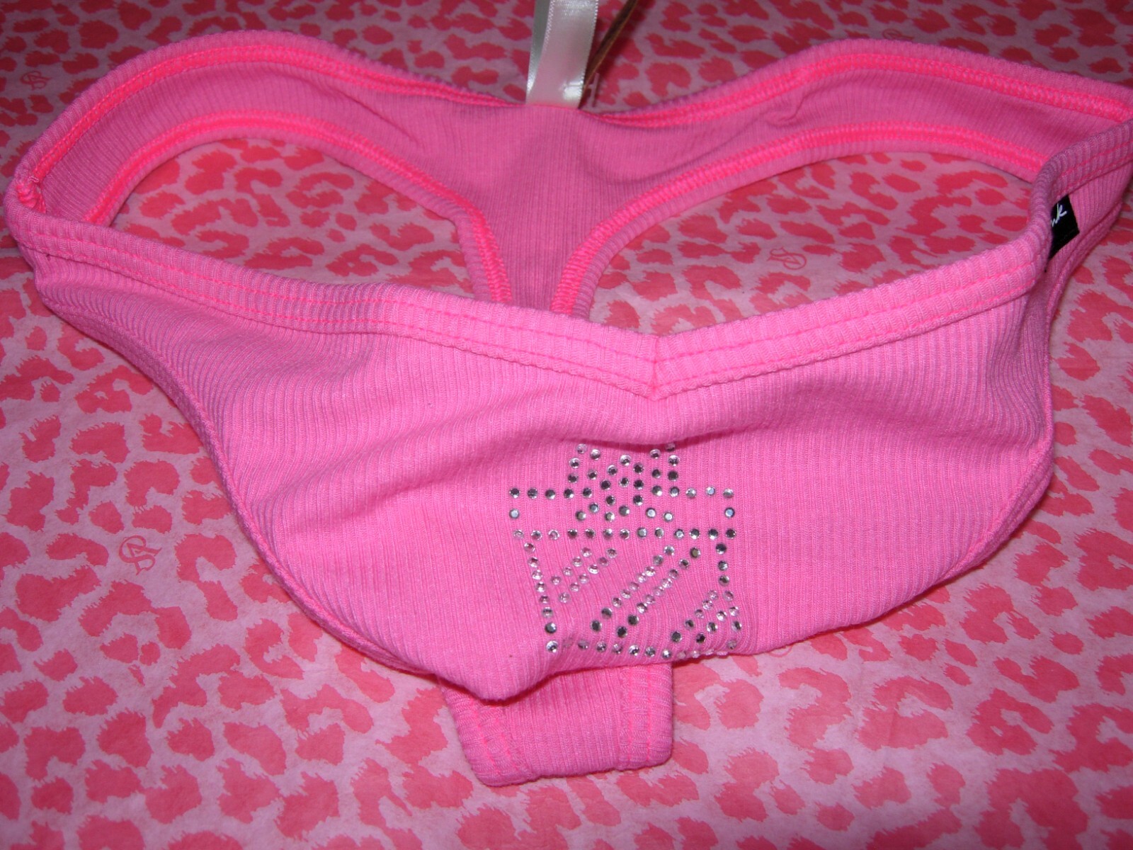 Victorias Secret PINK Sexy Thong String V-Cut LOGO Atomic Pink Bling NWT