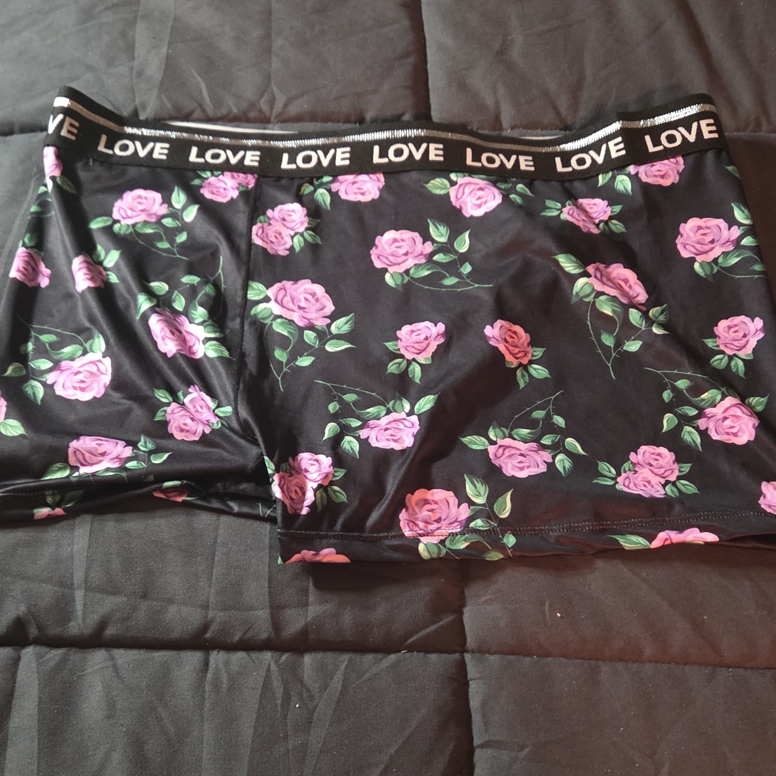 LOVE Boyshort Panties Floral Stretch 3XL Plus Black Pink Green Polyester