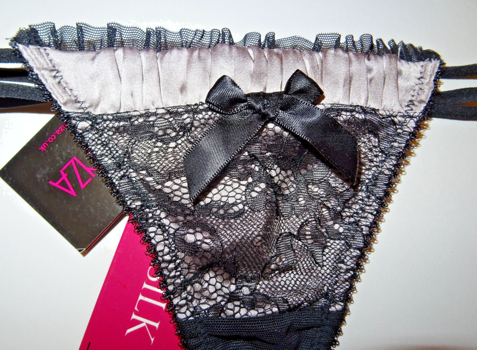 Bnwt La Senza Thong 8 10 14 16 18 Cafe Rouched Silk Black Floral Lace