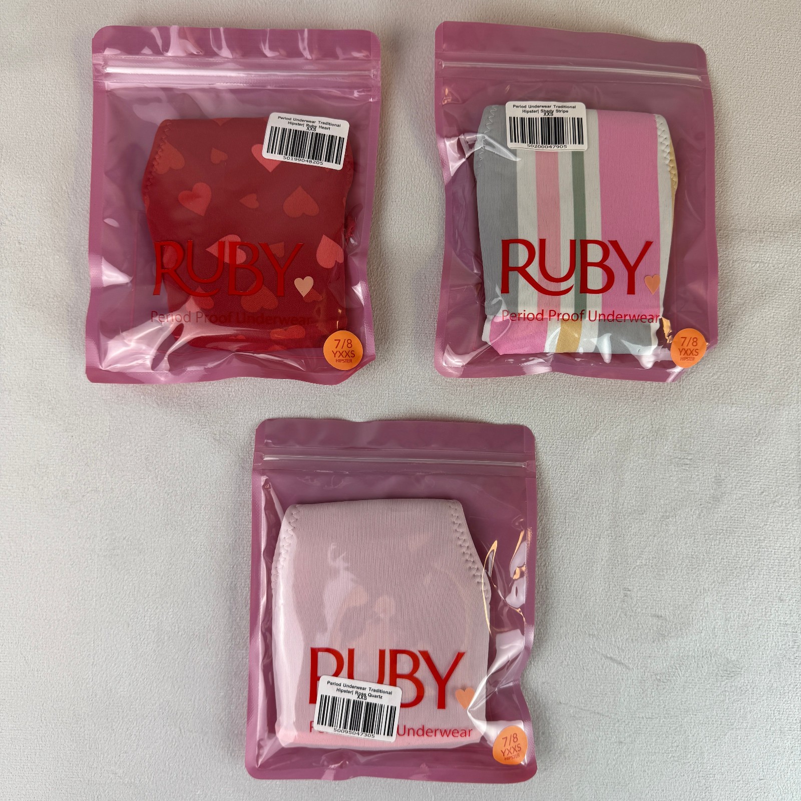 Qty 3 Ruby Love Teen Period Underwear Hipster -Stripe, Heart & Rose, Sz YXXS 7/8