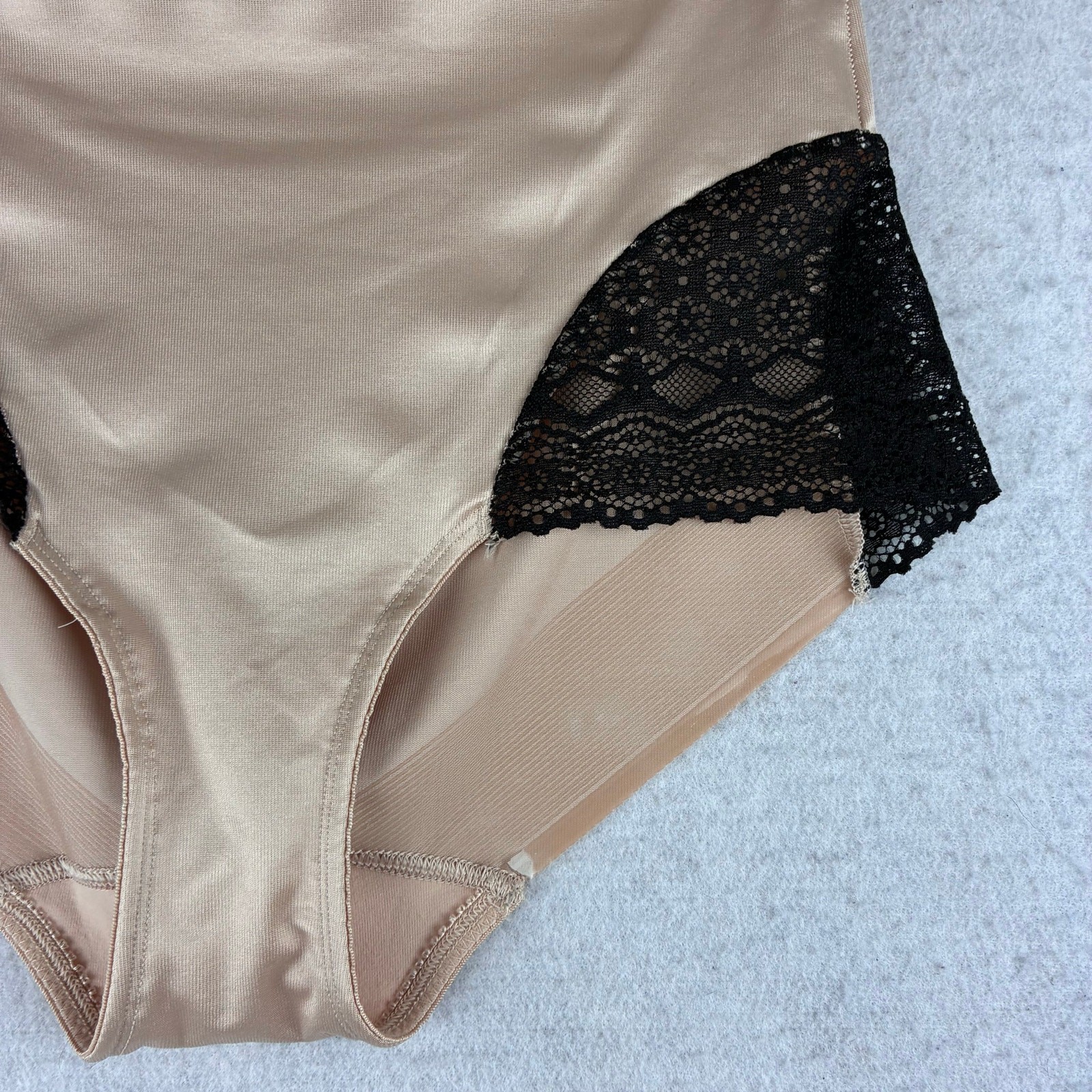 Ruby Ribbon Brief Panties Women’s XL Nude Satin Black Lace Shapewear NWOT