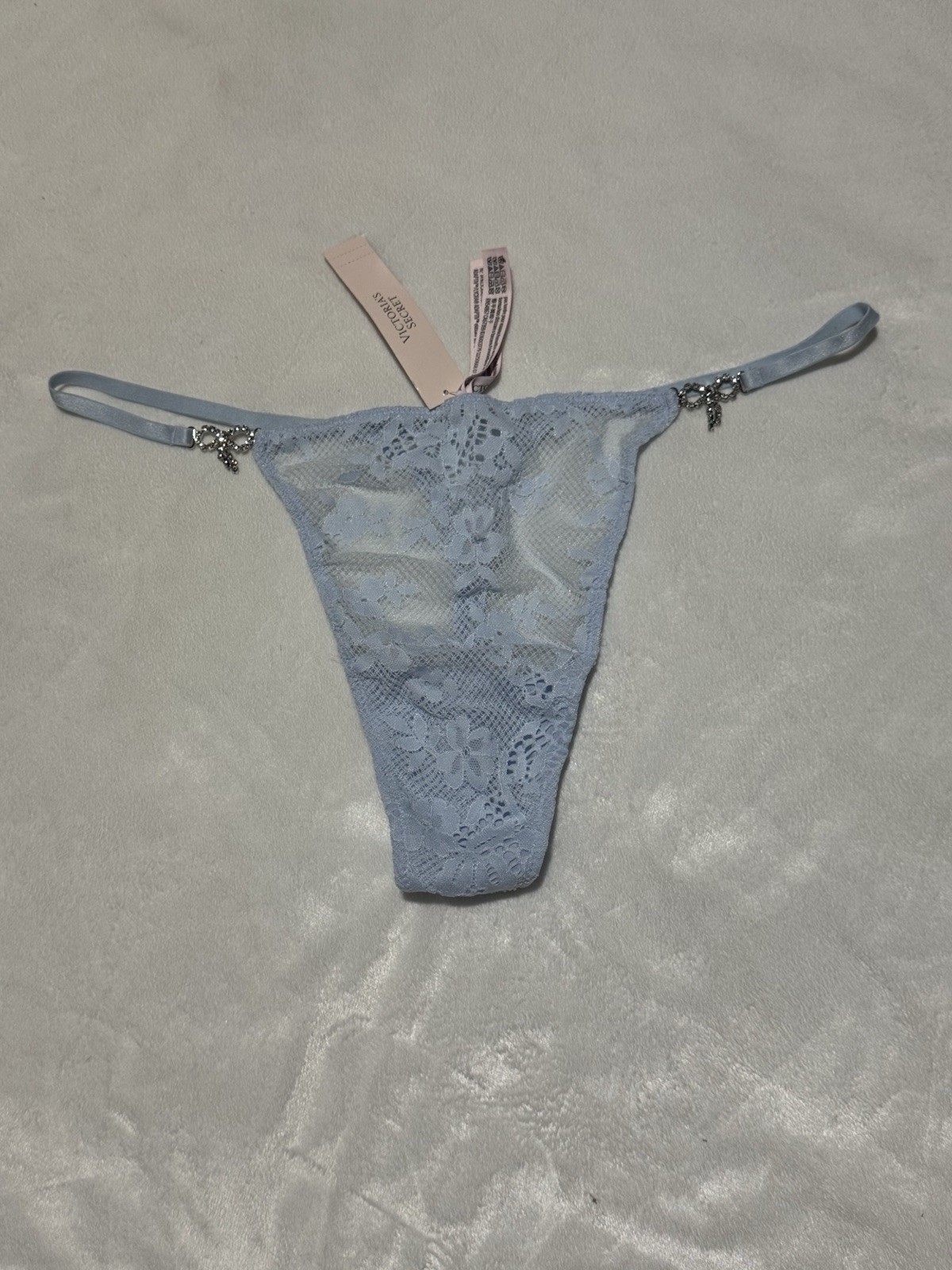 Victoria’s Secret Blue Floral Lace V-String Thong Panty Rhinestone Bow Hardware
