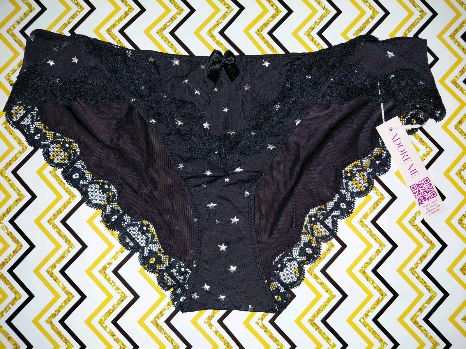 Adore Me/VS Lace Trim Hipster Panty NEW Medium Black Stars