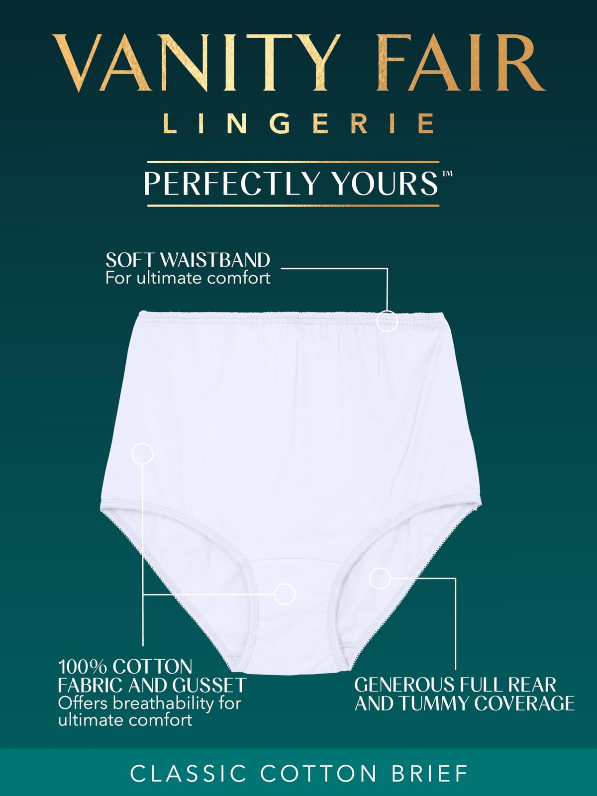 Vanity Fair Women’s High Waisted Full Coverage Brief Panties 3-Pack White Size 8