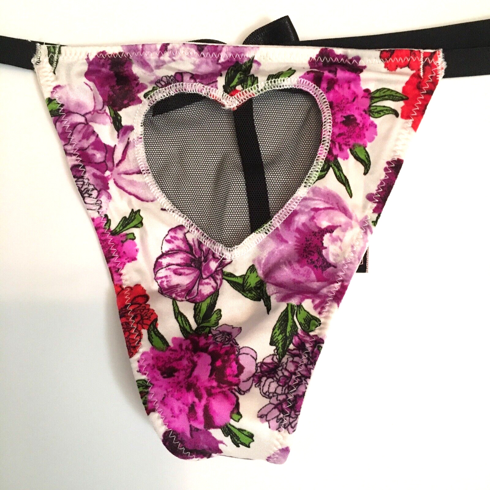 Victorias Secret Floral Mesh Heart V-String Thong Size S Cut-Out Sexy Bow Back