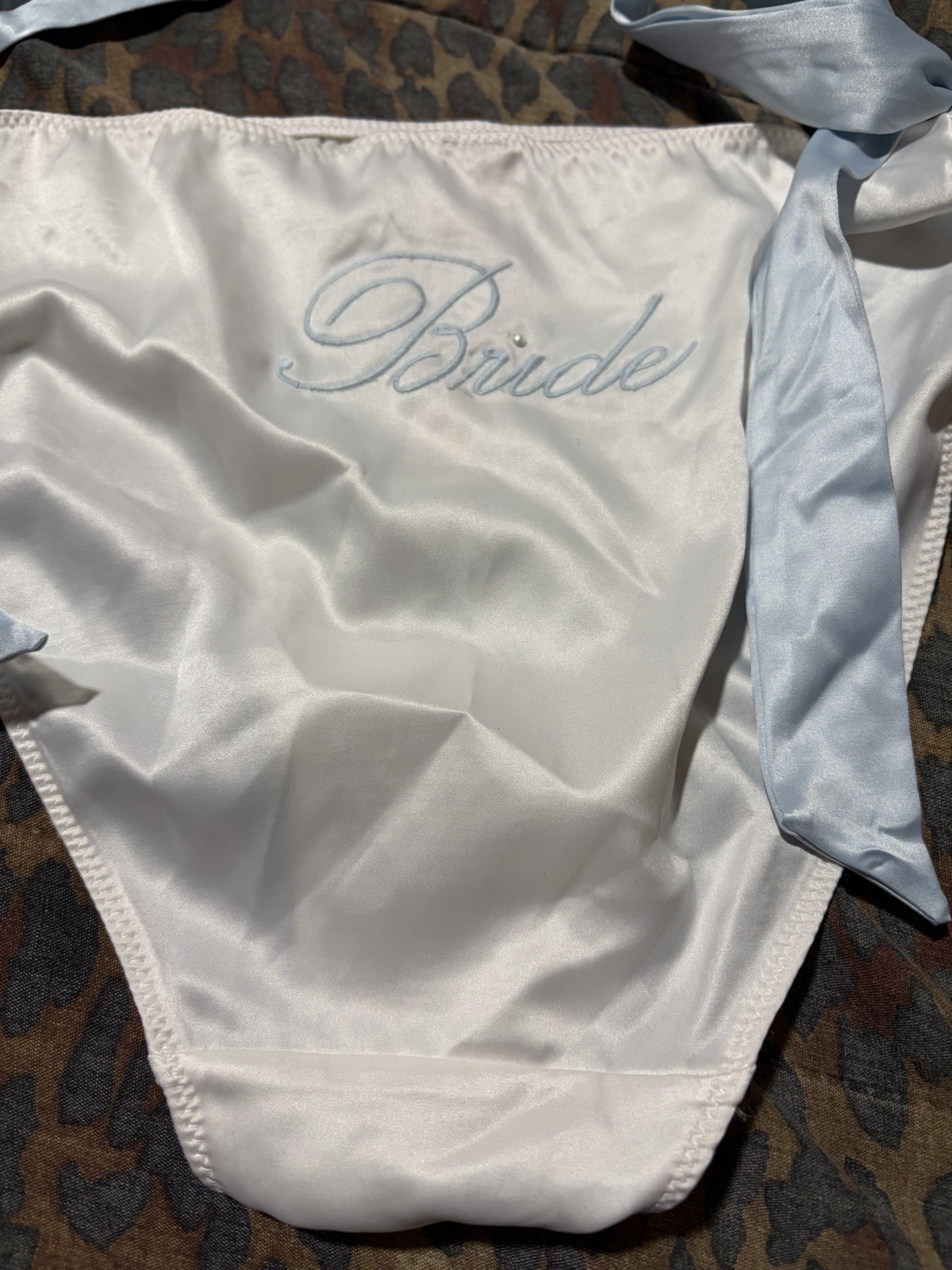 Victoria Secret Tease White Satin embroidery “BRIDE” Blue Side Ties Cheeky NWT M