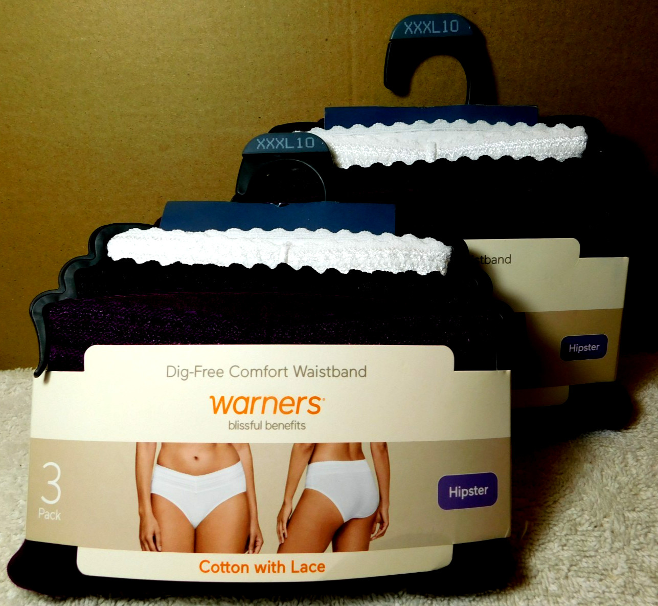 Warners~Blissful Benefits Cotton With Lace Hipster Purple Black & White 3Pk (DG)