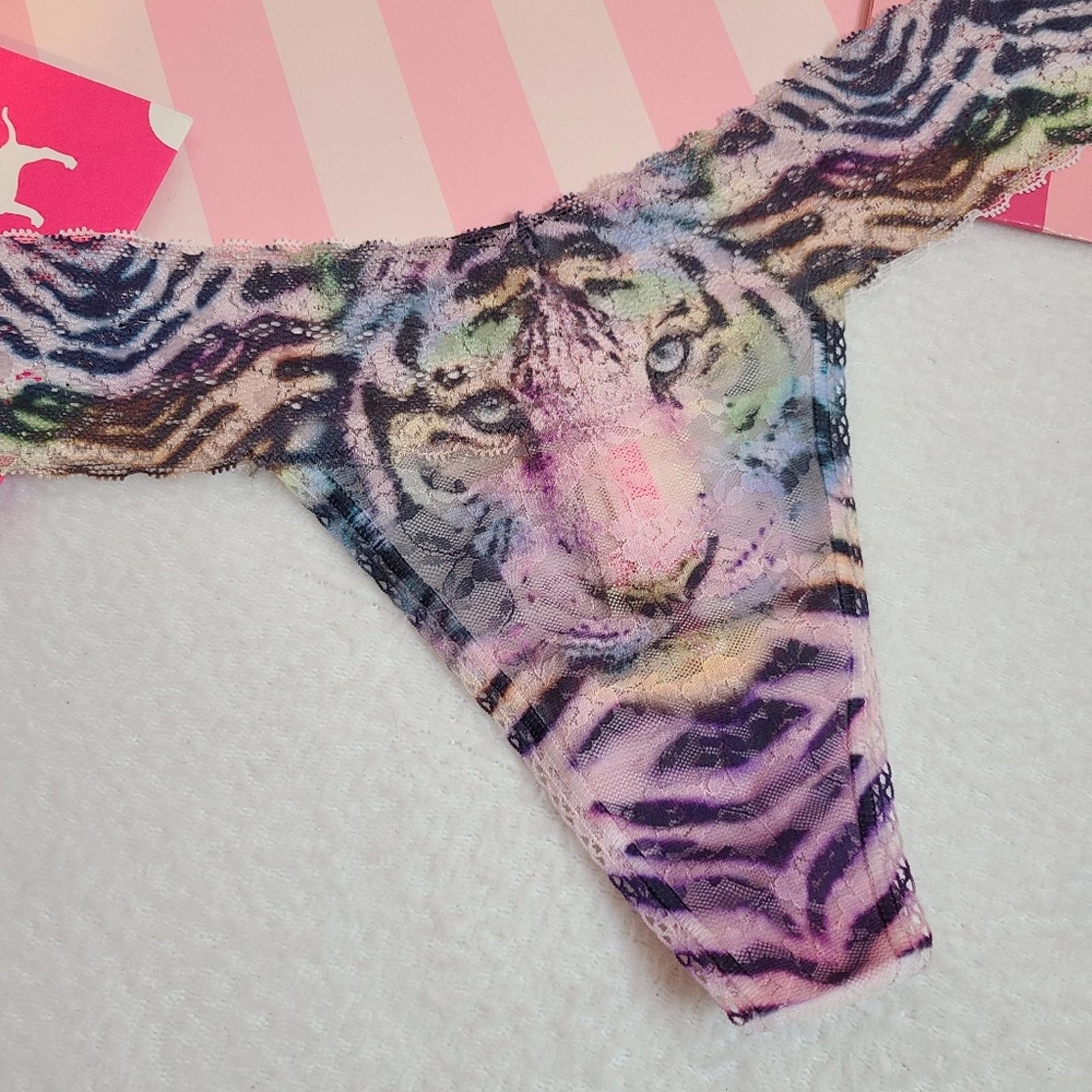 Y2K VS PINK Tiger Dye Lace Extra Low Rise Thong Panty Size Lg