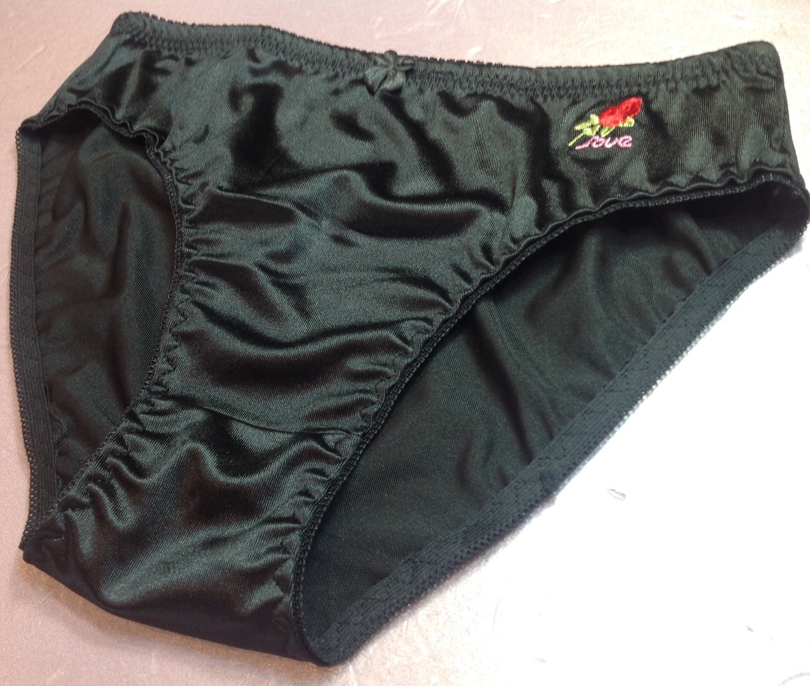 Women Panties Bikinis GRACE SZ S. Black Nylon Satin Soft W/Decoration Elastic