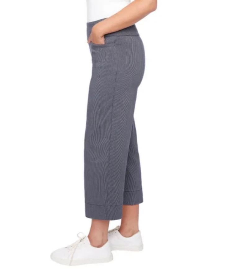S.C. & CO. Women’s Wide Leg Pinstripe, Tummy Control Cropped Pants, Navy, Medium