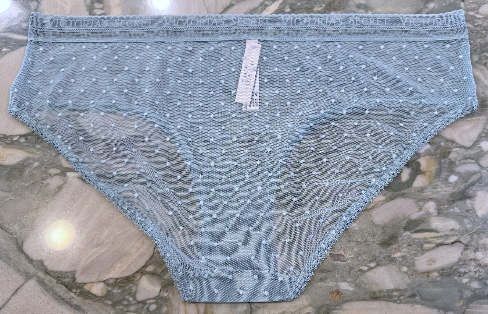 NEW Victoria Secret Logo Waistband Sheer Dot Mesh Hiphugger Sage Dust Green XXL