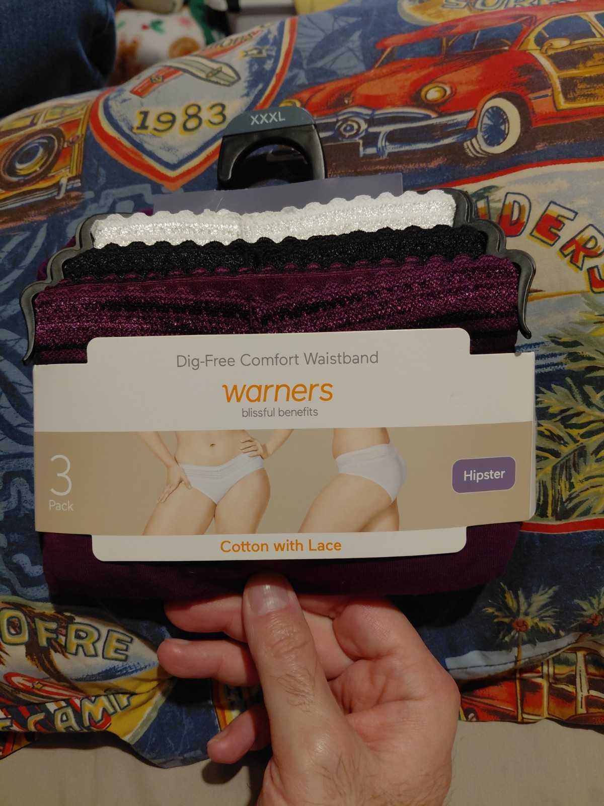 Warners~Blissful Benefits Cotton With Lace Hipster Purple Black & White 3Pk (DG)