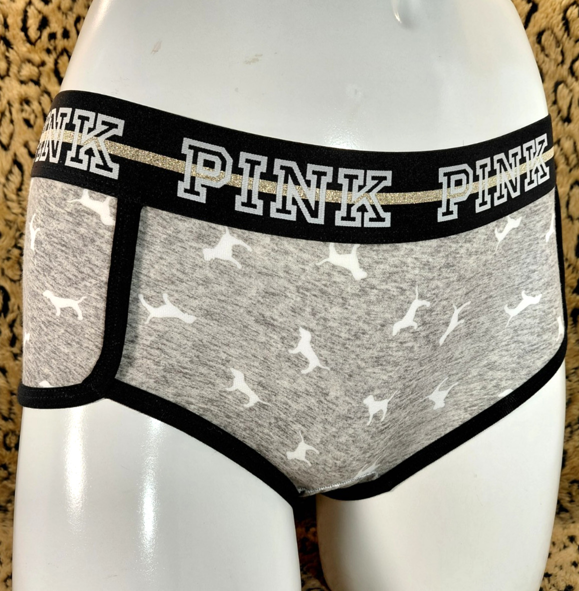 Victoria’s Secret PINK Glitter Logo Dog Gray Static Boy Short Panty PXS Sexy