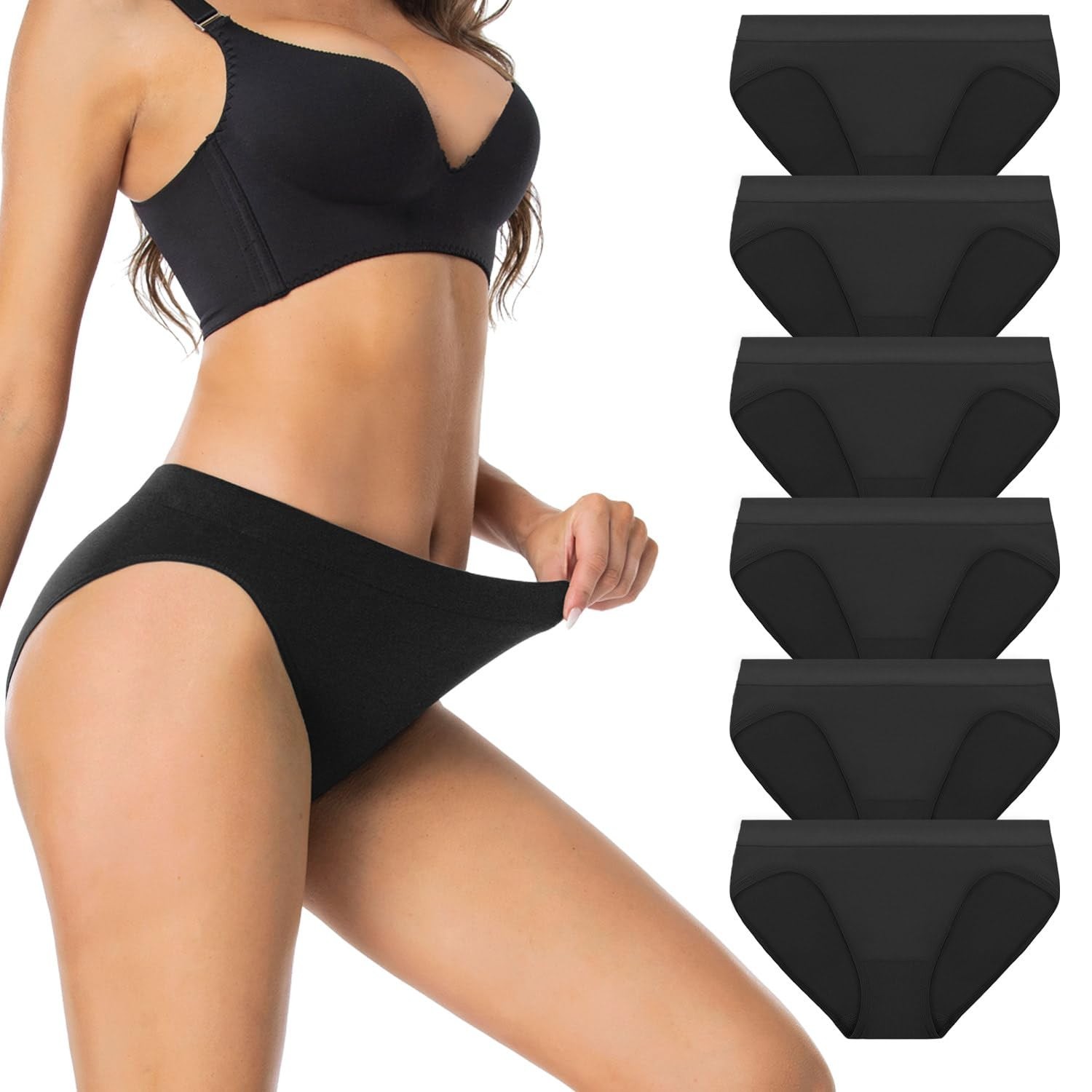 6 Pack Sudally Womens High Cut Briefs Underwear Full Coverage Black M Tight fit