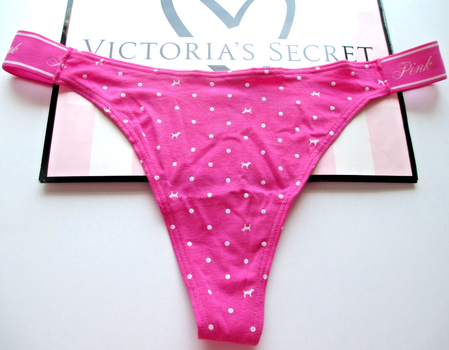 VICTORIA’S SECRET PINK Cotton Logo High Leg Thong Panty S M L XL Polka Dot NWT
